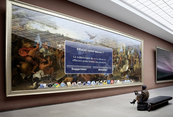 An image of a woman interacting with a digital image of a painting, which mimics the one on her tablet screen as seen in the series “Art Game” by photographer Léo Caillard. Photo Courtesy Of: Léo Caillard.