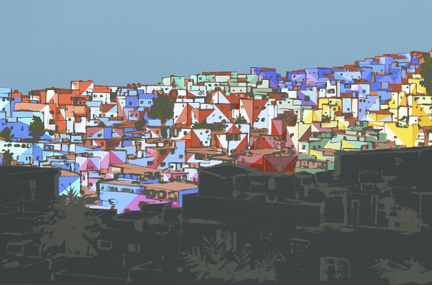 A sketch of one of the favela neighborhoods to be painted. Photo Credit: Haas & Hahn.