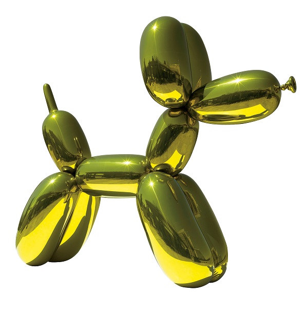 Jeff Koons, Balloon Dog (Yellow), 1994 – 2000. Mirror-polished stainless steel with transparent color coating; 121 x 143 x 45 in. (307.3 x 363.2 x 114.3 cm). Private collection. © Jeff Koons. Photo courtesy of The Whitney Museum of American Art.