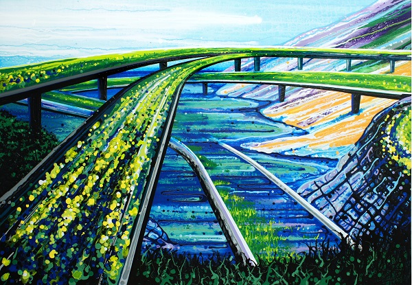 At The Crossroads (California), June 2014, 35” x 50", acrylic and enamel on canvas. Photo Credit: Amy Shackleton.