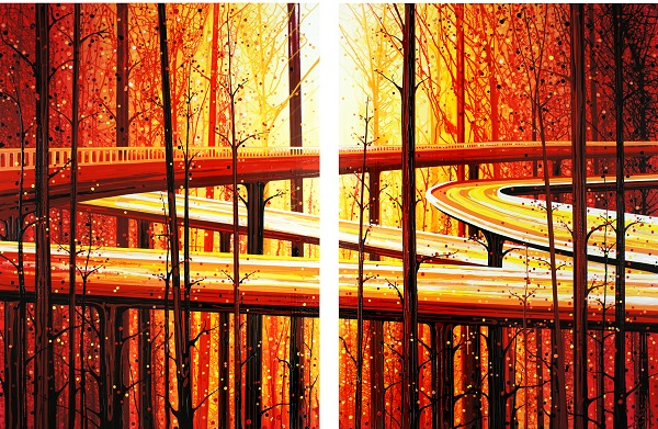 "Treeway" (San Francisco + Vancouver), July 2014, 60” x 90" diptych, acrylic and enamel. Photo Credit: Amy Shackleton.