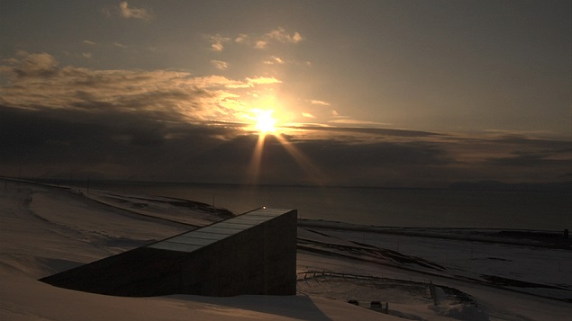 The Svalbard Global Seed Bank as the sun sets. Photo Credit: Mari Tefre.