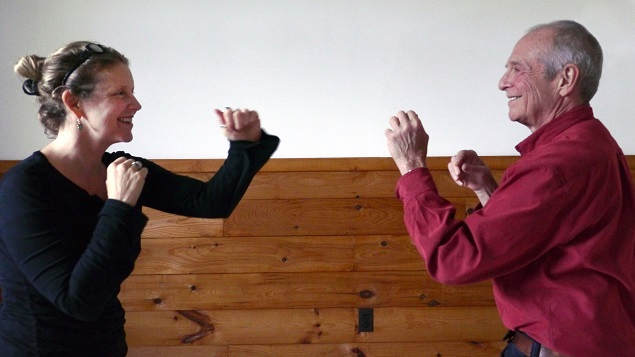Lucia Small and Ed Pincus spar playfully during post-production in Roxbury, Vermont. Photo Credit: Danielle Morgan.