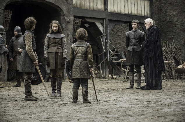 Pictured: Actors Sebastian Croft, Cordelia Hill, Matteo Elezi, Isaac Hempstead Wright and Max von Sydow in GoT. Photo Credit: Helen Sloan/ courtesy of HBO.