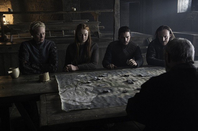 Gwendoline Christie as Brienne, Sophie Turner as Sansa, Kit Harington as Jon, Ben Crompton as Eddison, and Liam Cunningham as Ser Davos in Season 6 of GoT. Photo Credit: Helen Sloan/courtesy of HBO.