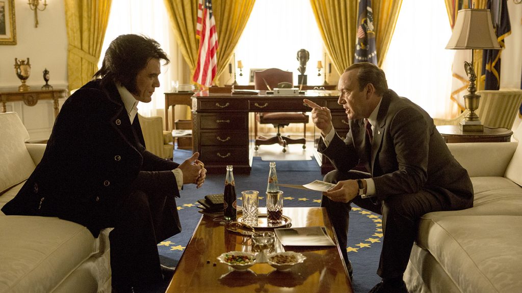 Michael Shannon (left) stars as Elvis Presley and Kevin Spacey (right) stars as President Richard Nixon in Liza Johnson's Elvis & Nixon, a Bleecker Street release. Photo Credit: Steve Dietl.