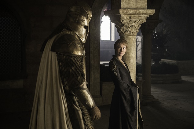 Hafþór Júlíus "Thor" Björnsson as "The Mountain" and Lena Headey as Cersei Lannister in Season 6 of Game of Thrones. Photo Credit: Helen Sloan/courtesy of HBO.